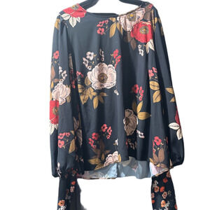 NWOT Eloquii Black Floral Top with Red and Tan Highlights and Belt Detail